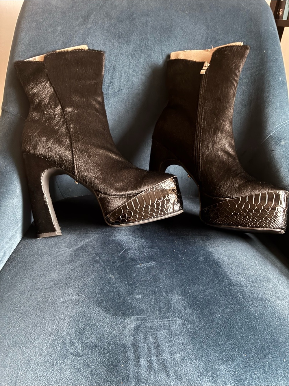 AKIRA Black Haircalf Platform Ankle Boots with Croc-Effect Toe